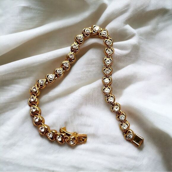 Cubic Zirconia Heart Shaped Gold Tone Tennis Bracelet - Picture 1 of 3